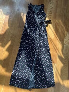Jessica Simpson Black Floral Wrap Maxi Dress with Purple Accents